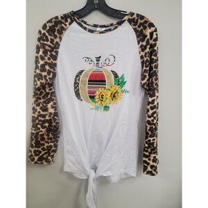 Leopard Print Raglan Long Sleeve Top With Colorful Pumpkin & Sunflower Design XL